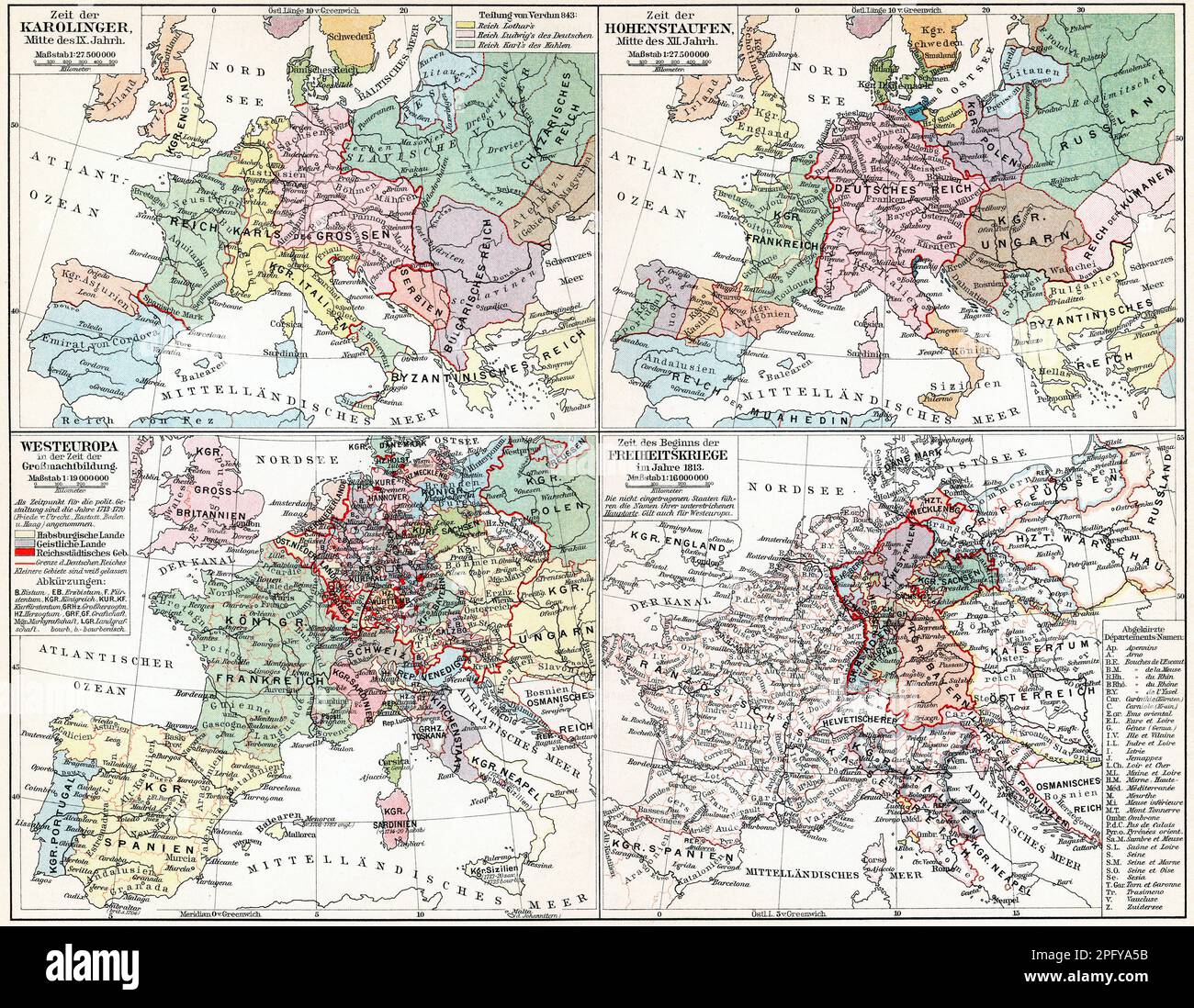 Maps of Europe during the Hohenstaufen dynasty, Carolingian dynasty, Age of Enlightenment and Napoleonic Wars. Publication of the book "Meyers Konvers Stock Photo