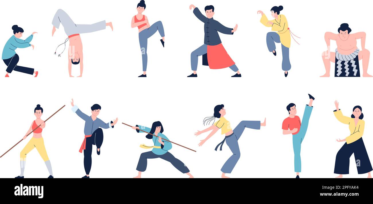 Martial arts sport characters. Taekwondo and karate, wushu training