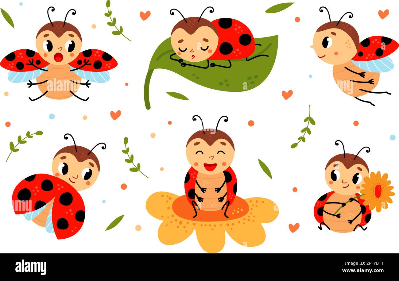 Cartoon funny ladybug. Red black dots beetle with wings. Cute insects characters on flower and leaf, ladybugs flying and sleeping, classy childish Stock Vector
