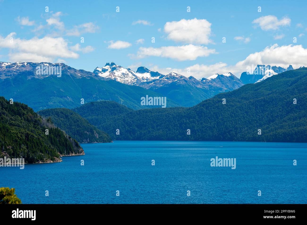 Futalaufquen Lake and snowy peaks seen from Ruta 71 at Los Alerces National Park, Chubut Province, Argentina Stock Photo