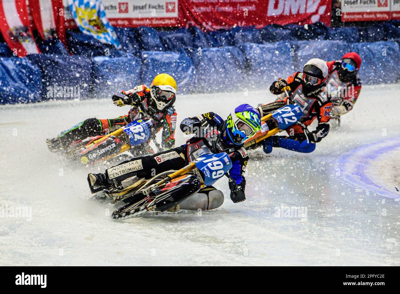 Inzell, Germany on Sunday 19th March 2023. Martin Haarahiltunen (199) (Blue) leads Markus Jell (82) (Yellow) Lukas Hutla (212) (White) and Jo Saetre (357) (Red) during the Ice Speedway Gladiators World Championship Final 2 at Max-Aicher-Arena, Inzell, Germany on Sunday 19th March 2023. (Photo: Ian Charles | MI News) Credit: MI News & Sport /Alamy Live News Stock Photo