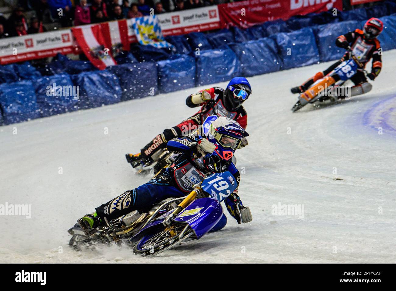 Inzell, Germany on Sunday 19th March 2023. Niclas Svensson (192) (White) leads Jo Saetre (357) (Blue) and Sebastian Reitsma (283) (Red) during the Ice Speedway Gladiators World Championship Final 2 at Max-Aicher-Arena, Inzell, Germany on Sunday 19th March 2023. (Photo: Ian Charles | MI News) Credit: MI News & Sport /Alamy Live News Stock Photo