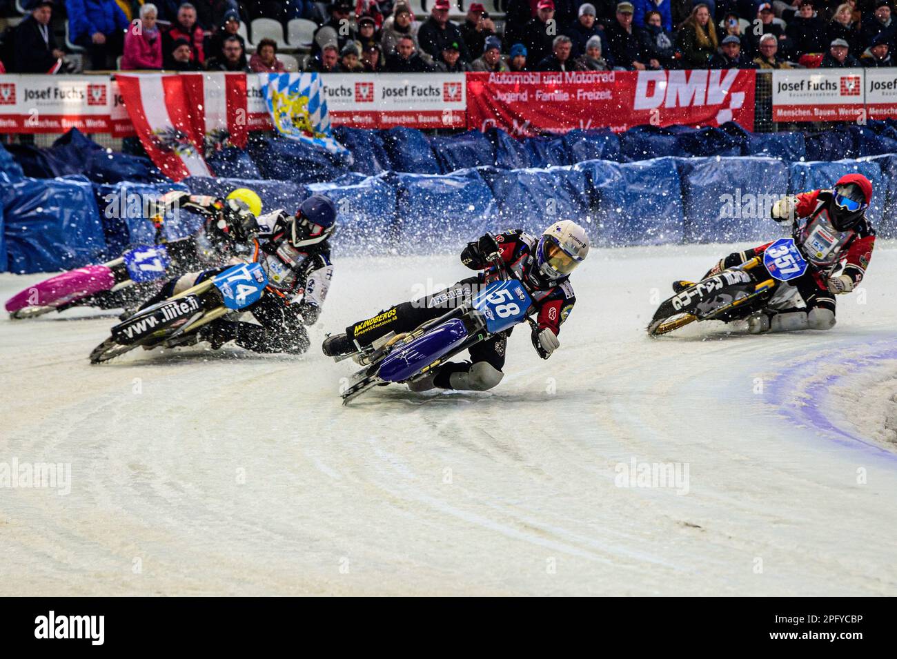 Inzell, Germany on Sunday 19th March 2023. Stefan Svensson (58)(White) leads Mats Järf (74) (Blue) Benedikt Monn (17) (Yellow) and Jo Saetre (357) (Red) during the Ice Speedway Gladiators World Championship Final 2 at Max-Aicher-Arena, Inzell, Germany on Sunday 19th March 2023. (Photo: Ian Charles | MI News) Credit: MI News & Sport /Alamy Live News Stock Photo