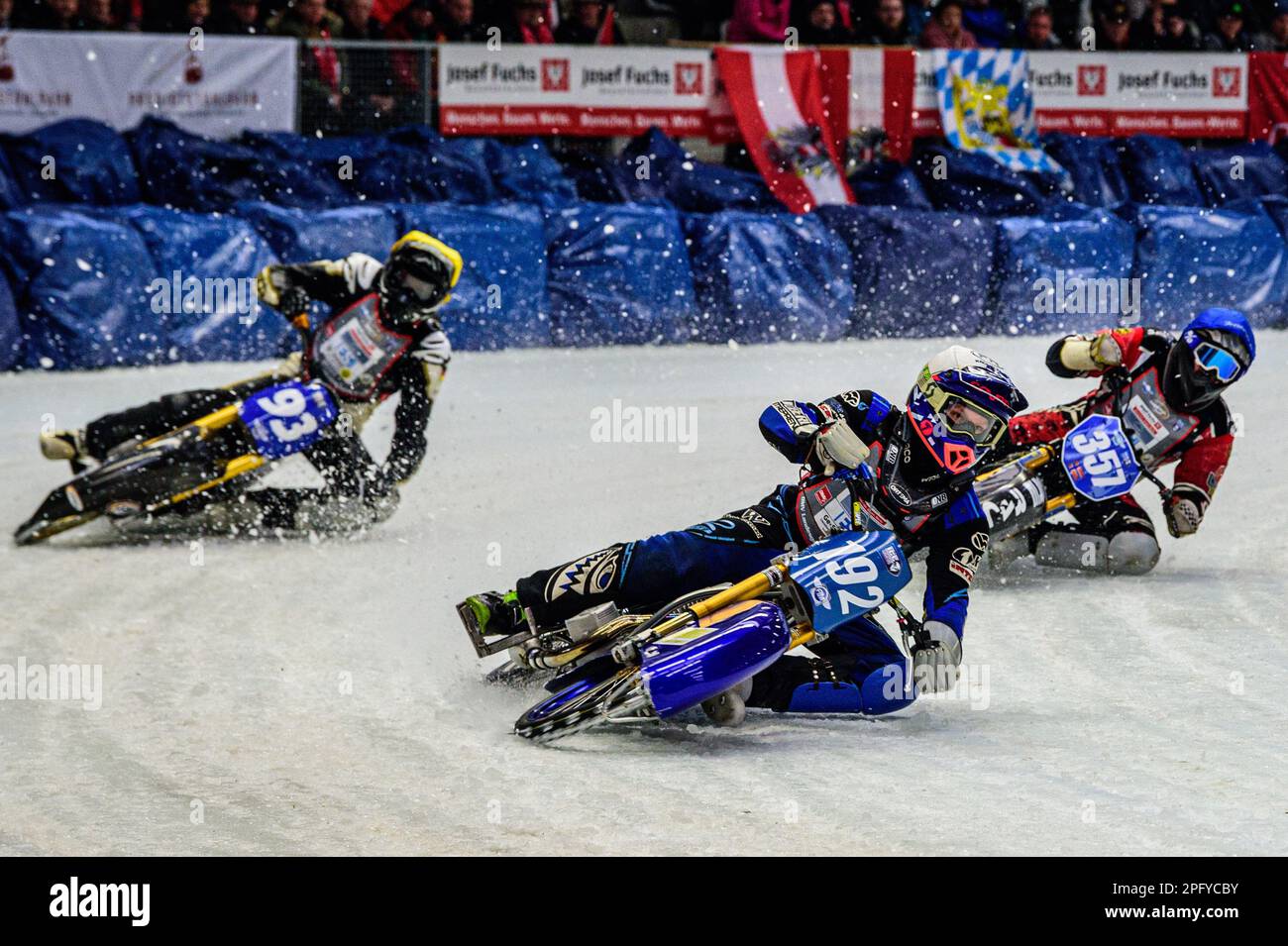 Inzell, Germany on Sunday 19th March 2023. Niclas Svensson (192) (White) leads Franz Mayerbüchler (93) (Yellow) and Jo Saetre (357) (Blue) during the Ice Speedway Gladiators World Championship Final 2 at Max-Aicher-Arena, Inzell, Germany on Sunday 19th March 2023. (Photo: Ian Charles | MI News) Credit: MI News & Sport /Alamy Live News Stock Photo
