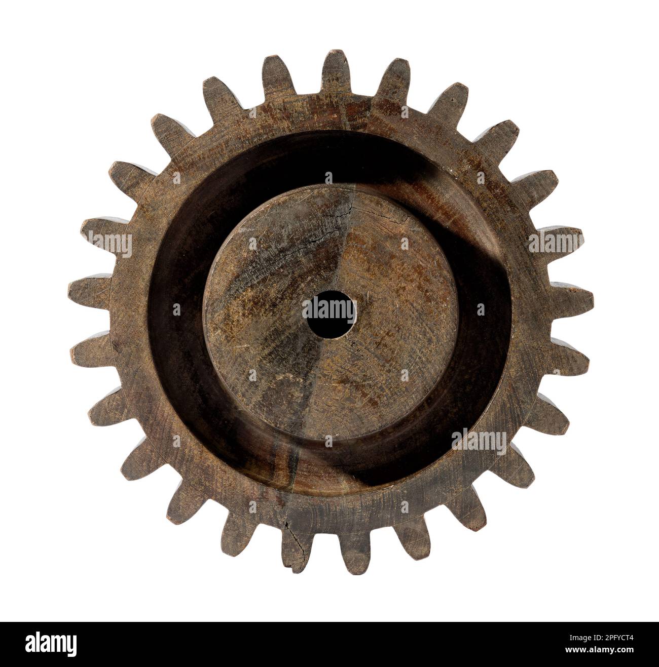 Brown symmetric vintage cog made of wood isolated on white background as part of old mechanism Stock Photo