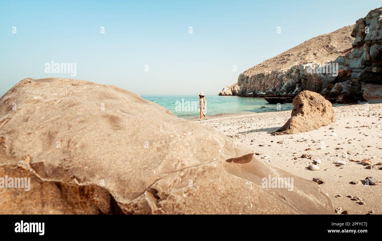 Aerial view tourist woman in bikini walk on white sand beach alone in