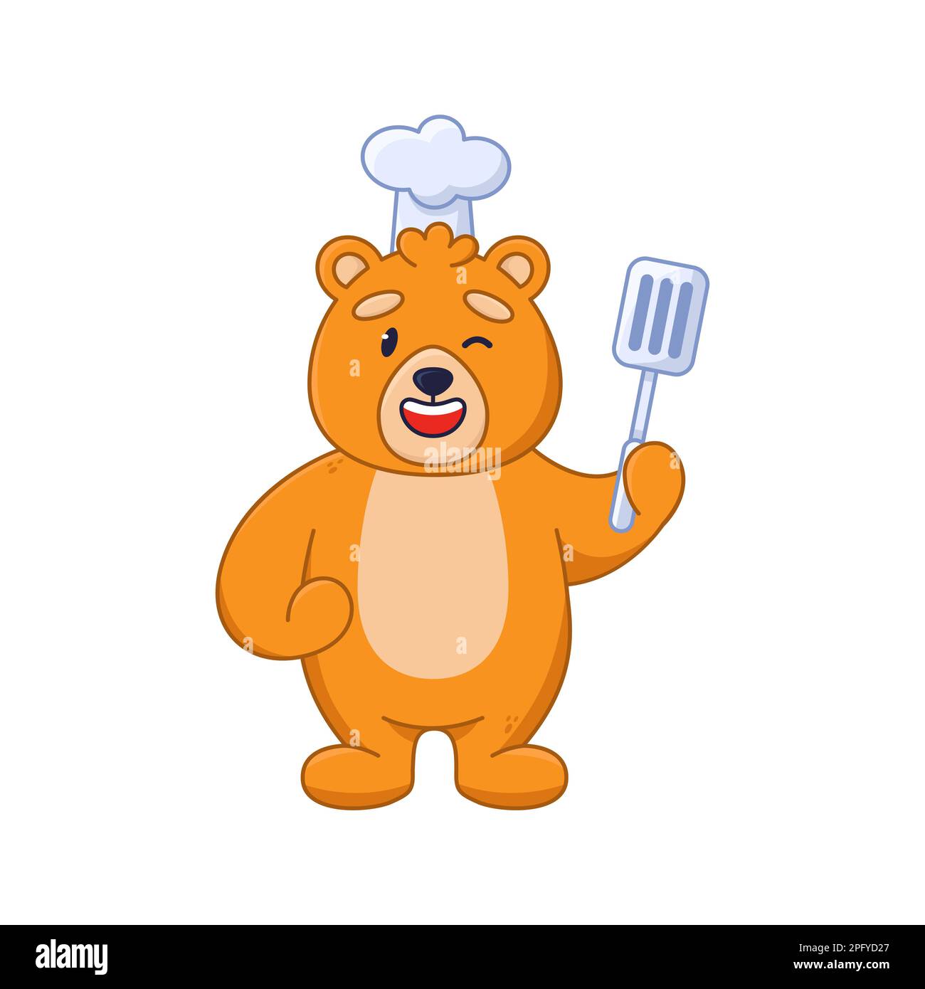 Happy bear cartoon character in chef hat holding spatula sticker Stock Vector