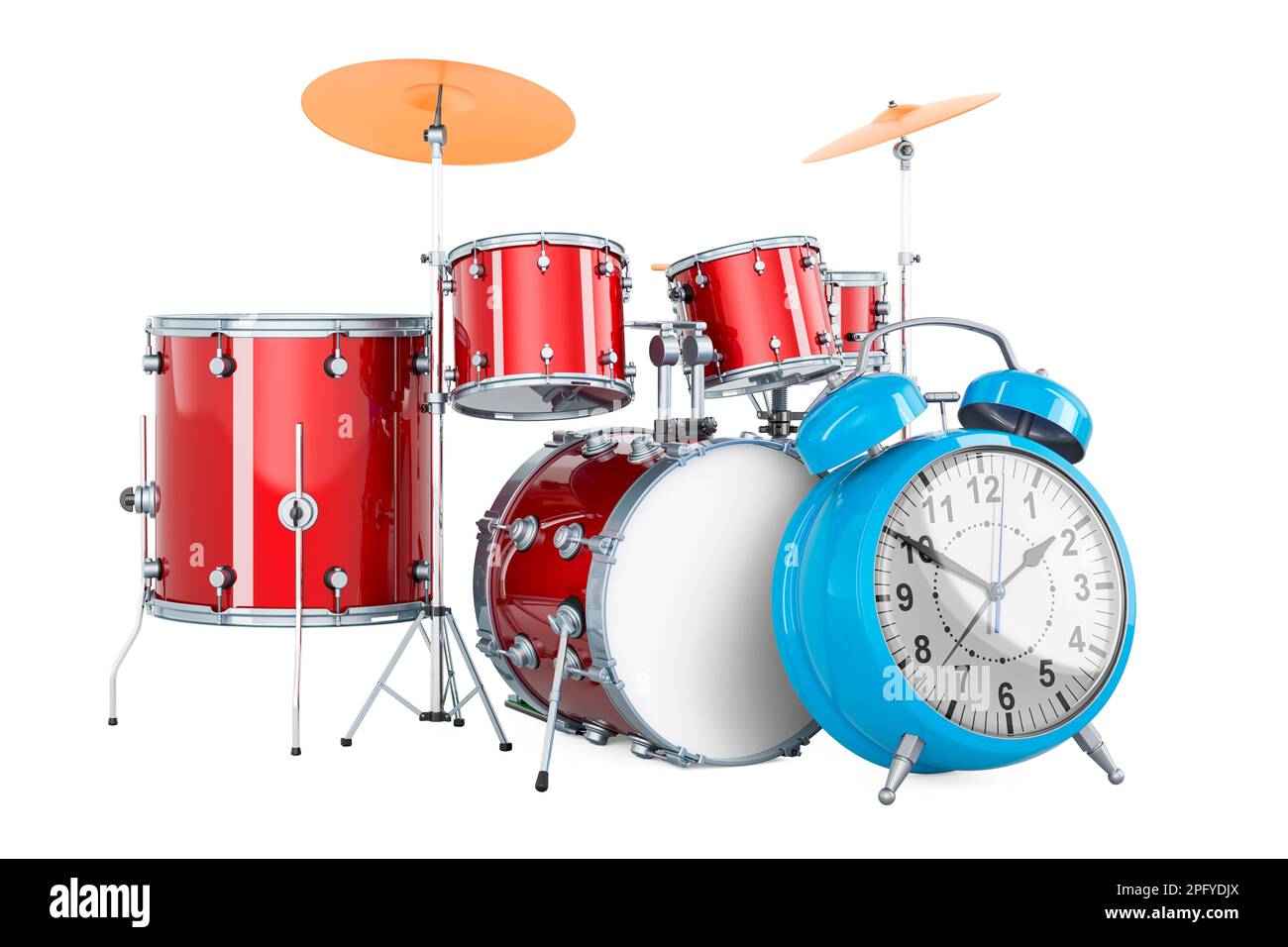 Drum kit with alarm clock, 3D rendering isolated on white background