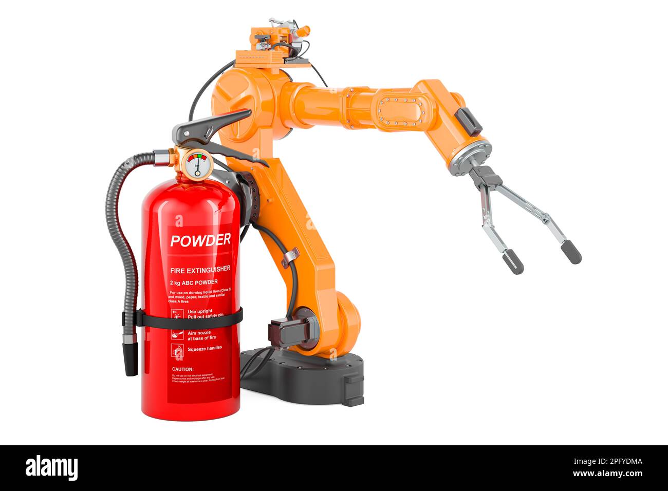 Fire extinguisher with mechanical arm. 3D rendering isolated on white  background Stock Photo - Alamy
