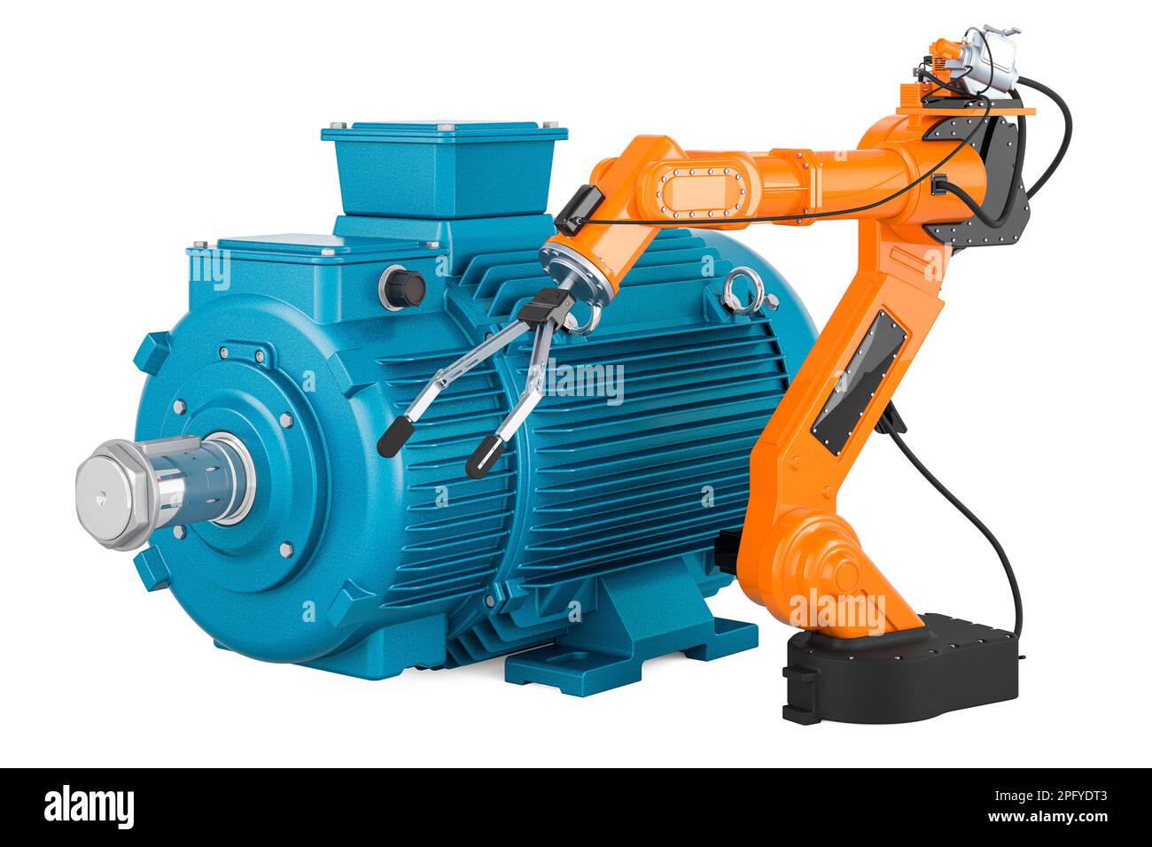 Industrial electric motor with mechanical arm, 3D rendering isolated on