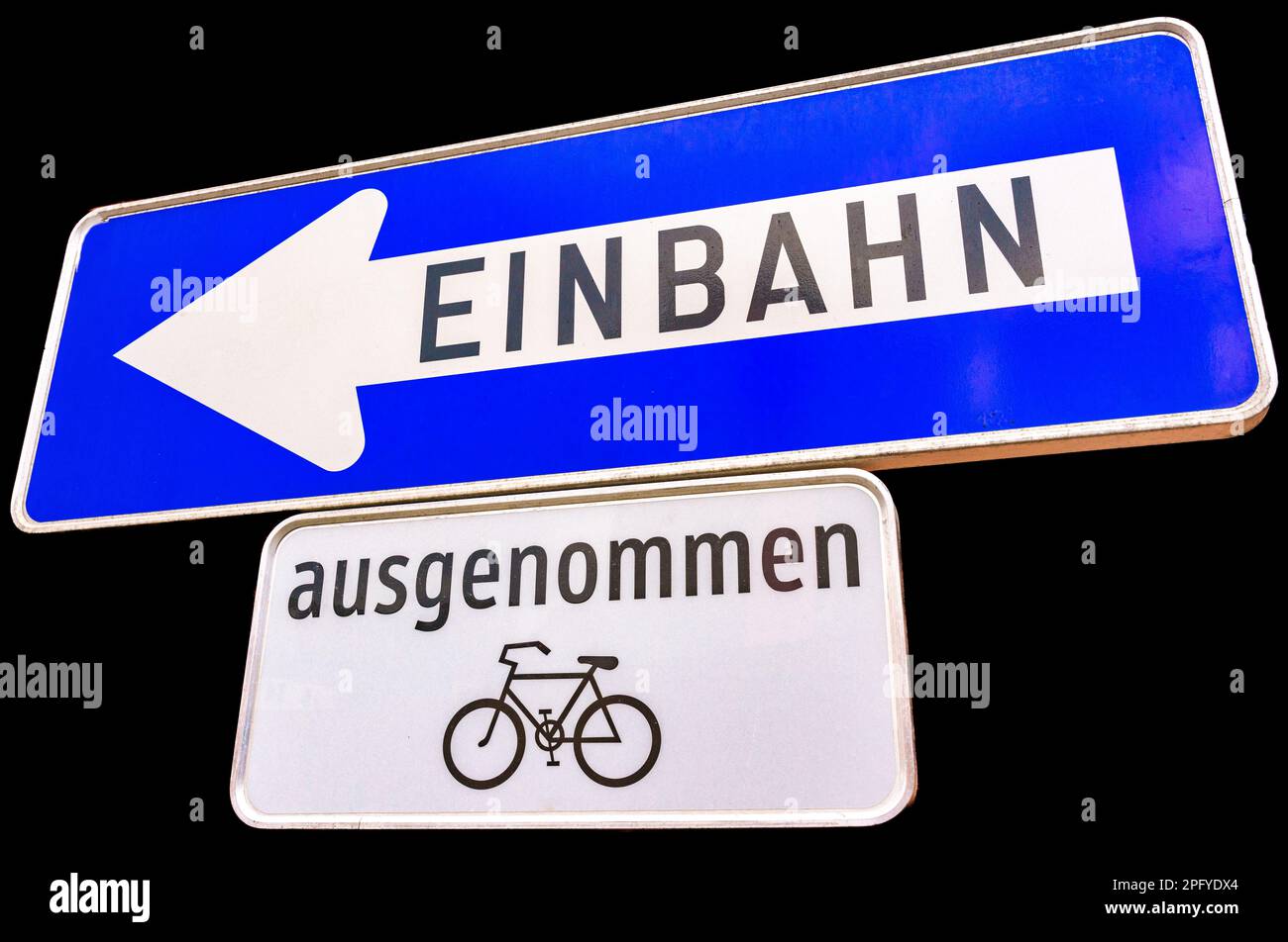 blue street sign in Austria with the German word for oneway on it an excluding bicycles, black background Stock Photo