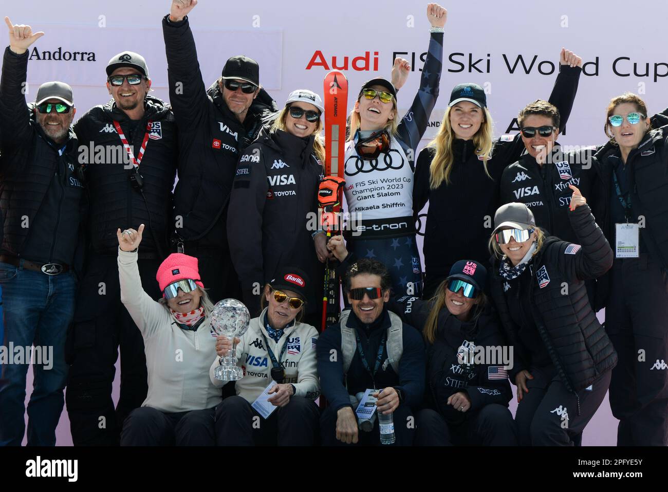 Andorra. 19th Mar, 2023. Mikaela Shiffrin and members of the US Ski team after the Giant Slalom race at the Audi FIS Ski World Cup Finals. (Credit Image: © Christopher Levy/ZUMA Press Wire) EDITORIAL USAGE ONLY! Not for Commercial USAGE! Credit: ZUMA Press, Inc./Alamy Live News Stock Photo