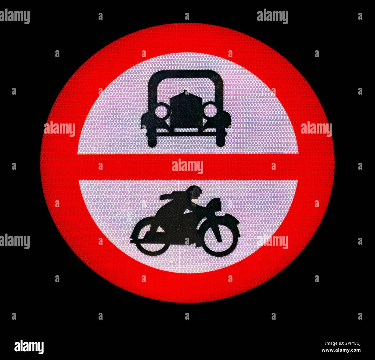Traffic signs forbidden passage for cars and motorcycles on black background, old symbols Stock Photo