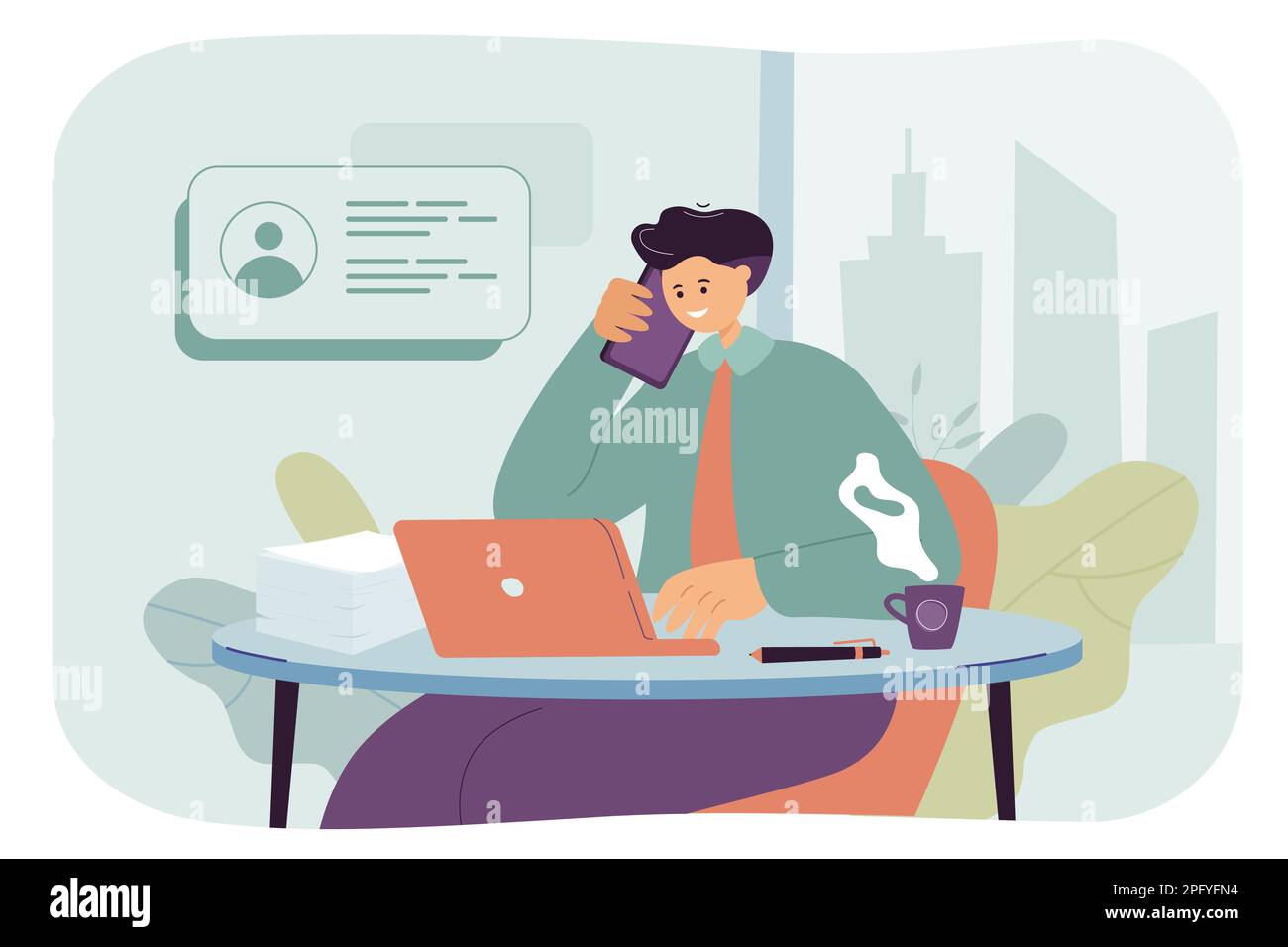Office worker talking on phone flat vector illustration Stock Vector