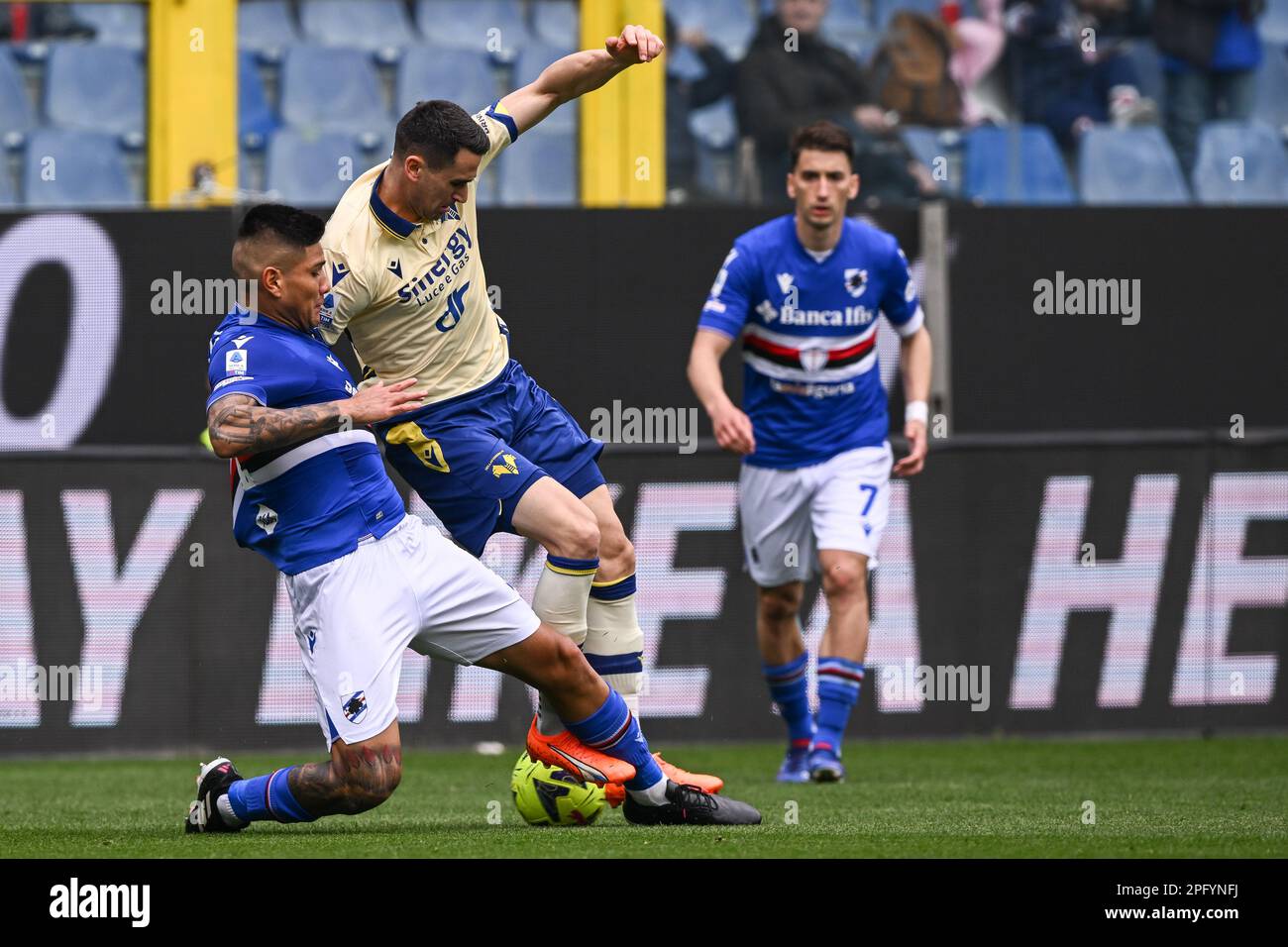 Luigi Ferraris Stadium, 19.03.23 Bruno Amione (2 Sampdoria) and Kevin Lasagna (11 Hellas Verona) during the Serie A match Sampdoria - Hellas Verona at Luigi Ferraris Stadium in Genova, Italia Soccer (Cristiano Mazzi / SPP) Stock Photo