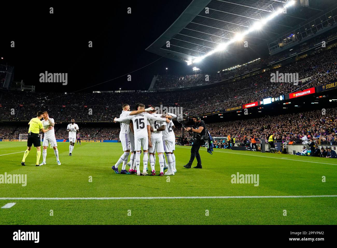 Barcelona, Spain. 19th Mar, 2023. Real Madrid players celebrating the Ronald Araujo own goal during the La Liga match between FC Barcelona and Real Madrid played at Spotify Camp Nou Stadium on March 19, 2023 in Barcelona, Spain. (Photo by Colas Buera/PRESSIN) Credit: PRESSINPHOTO SPORTS AGENCY/Alamy Live News Stock Photo