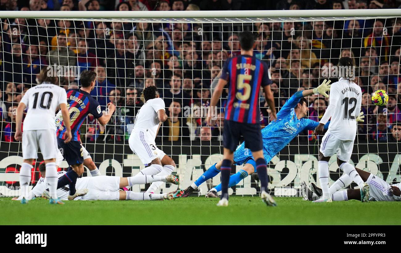Barcelona, Spain. 19th Mar, 2023. Sergi Roberto of FC Barcelona scores the 1-1 during the La Liga match between FC Barcelona and Real Madrid played at Spotify Camp Nou Stadium on March 19, 2023 in Barcelona, Spain. (Photo by Colas Buera/PRESSIN) Credit: PRESSINPHOTO SPORTS AGENCY/Alamy Live News Stock Photo