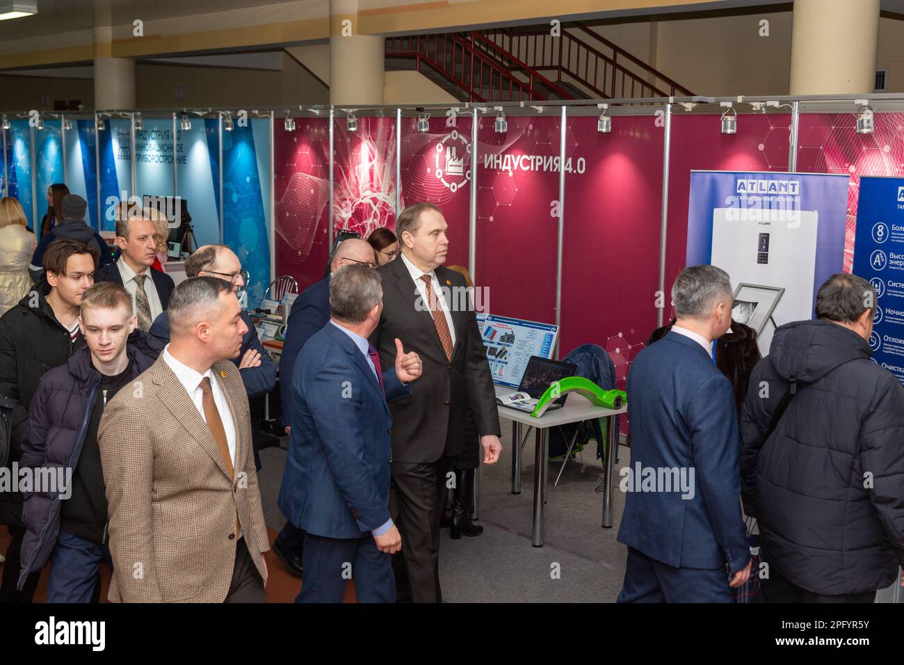 Grodno, Belarus - March 16, 2023: Chairman of the Grodno Regional Executive Committee Uladzimir Karanick at the opening of the Exhibition of scientifi Stock Photo