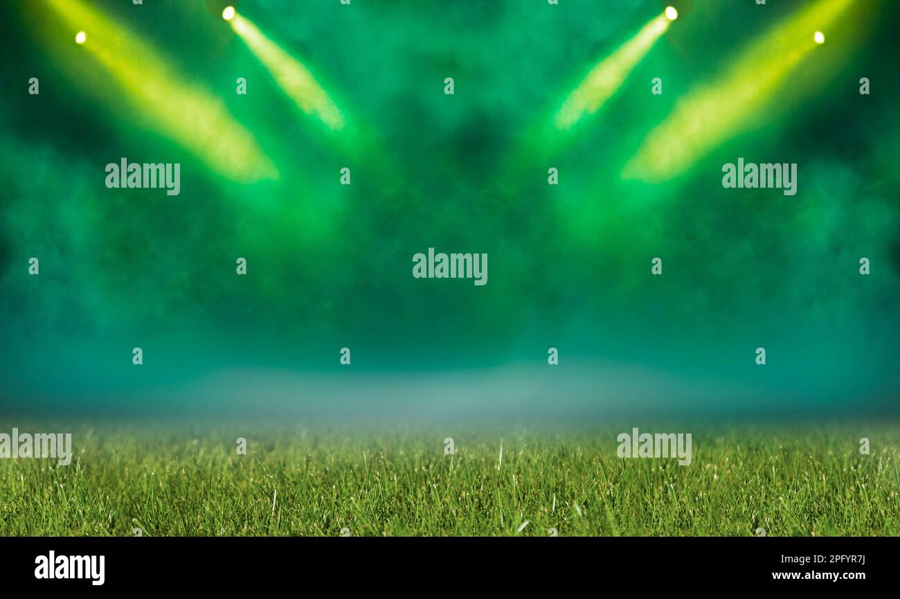 Textured grass soccer game field with neon fog. Abstract grass