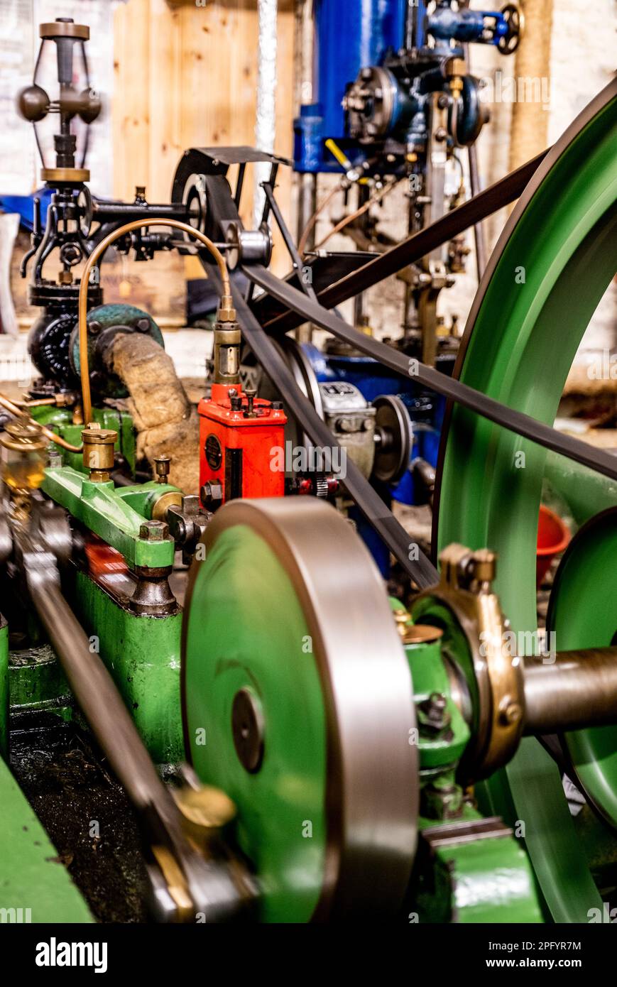Steam powered, belt driven machinery at Combe Mill nr Woodstock, Oxford
