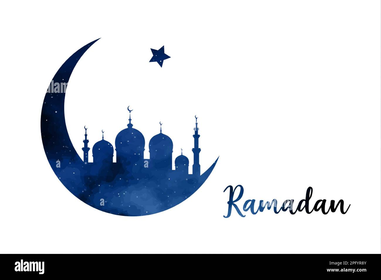Ramadan concept in crescent moon shape with arabic islamic mosque for Holy Month of Muslim Community Festival celebration, vector blue silhouette Stock Vector