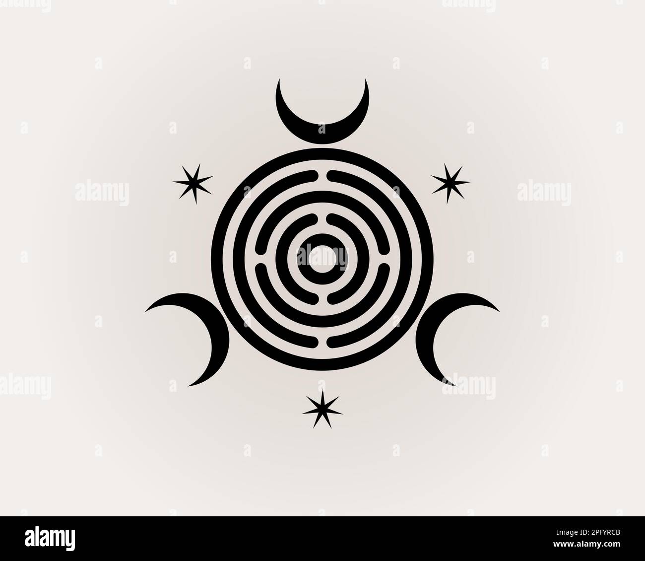 Sacred Geometry, triple Goddess of Witchcraft Spiritual Greco Roman. Witch Wicca Sigil, Mystical labyrinth, triple crescent moon, black logo design Stock Vector