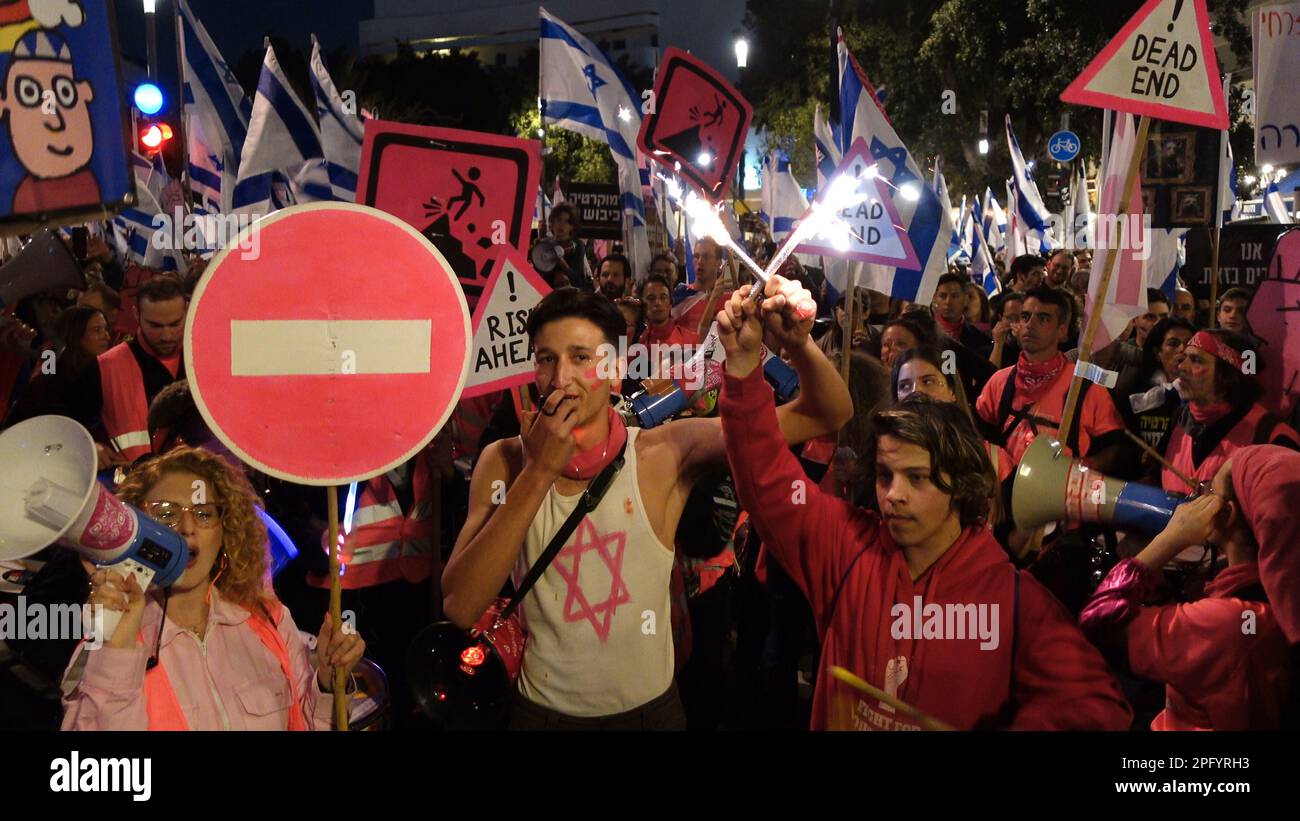 TEL AVIV, ISRAEL - MARCH 18: Anti-government protesters take part in a demonstration for the 11th consecutive week against Israel's hard-right government judicial system plan that aims to weaken the country's Supreme Court on March 18, 2023 in Tel Aviv, Israel. Credit: Eddie Gerald/Alamy Live News Stock Photo