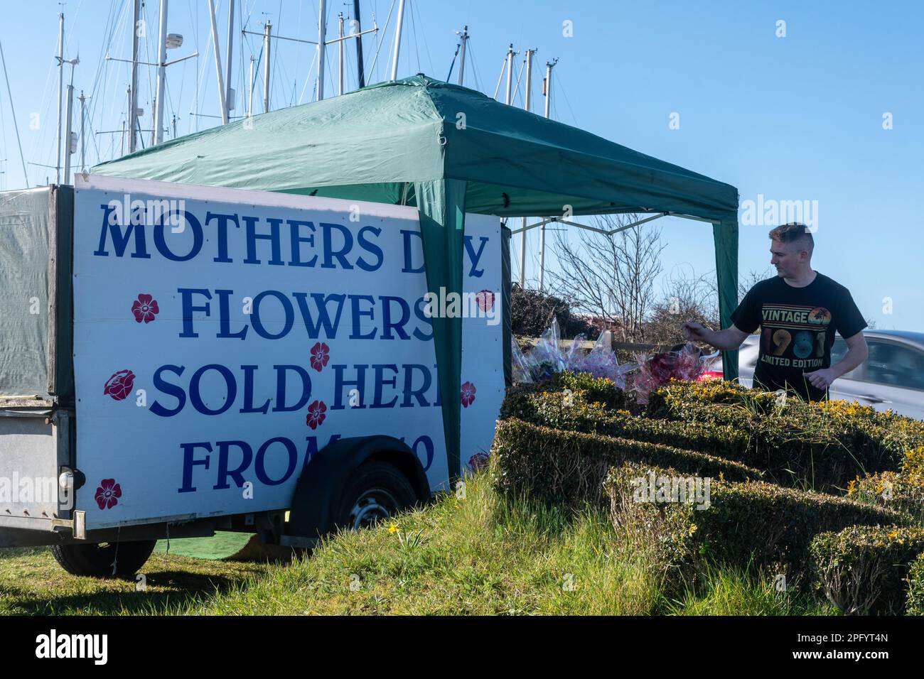 Mothers Day Flowers for sale beside road, March 2023, England, UK Stock Photo