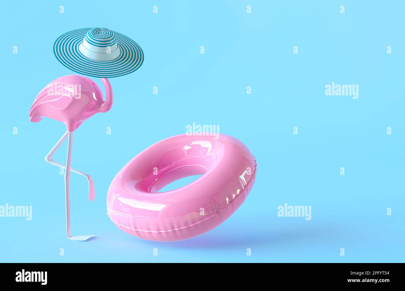 Pink inflatable circle banner template with copy space for text. Summer time concept. Beach ring and pink flamingo in summer hat. Summer wallpaper. 3d Stock Photo