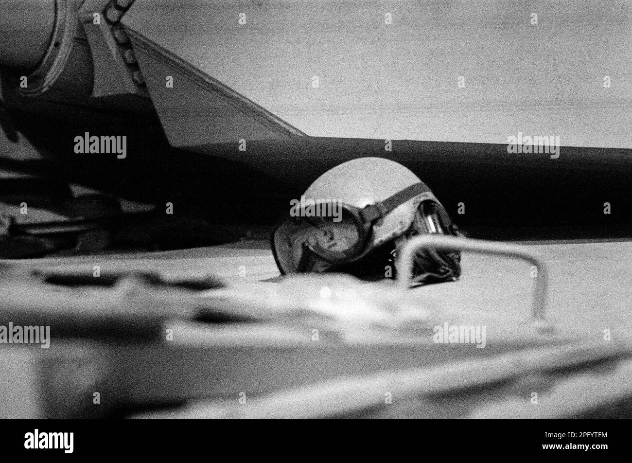 A helmet and goggles rest on a Gulf War era tank on display at the American Heritage Museum