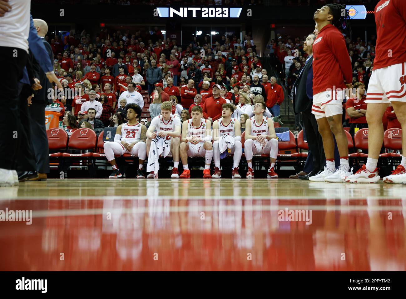 Madison, WI, USA. 19th Mar, 2023. Wisconsin Badgers guard Chucky Hepburn (23), forward Steven Crowl (22), guard Connor Essegian (3), guard Max Klesmit (11), and forward Tyler Wahl (5) during introductions before the NCAA basketball NIT Second Round game between the Liberty Flames and the Wisconsin Badgers at the Kohl Center in Madison, WI. Darren Lee/CSM/Alamy Live News Stock Photo