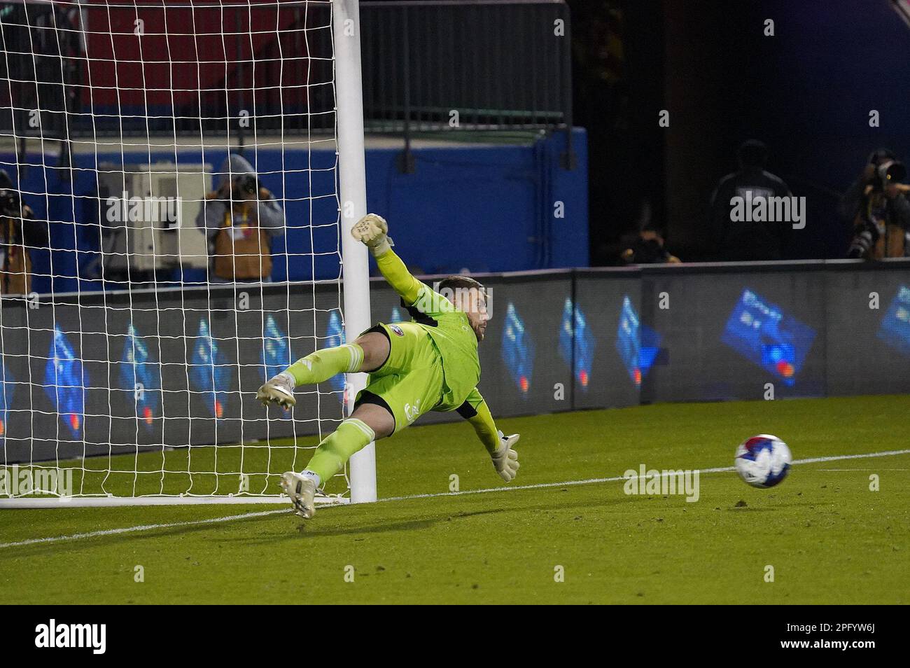 Frisco, United States. 18th Mar, 2023. March 18, 2023, Frisco, United States: FC Dallas goalkeeper Maarten Paes stops a penalty kick during second half action of the MLS game between FC Dallas and Sporting KC at Toyota Stadium on March 18, 2023 in Frisco, Texas. (Photo by Javier Vicencio/ Credit: Eyepix Group/Alamy Live News Stock Photo