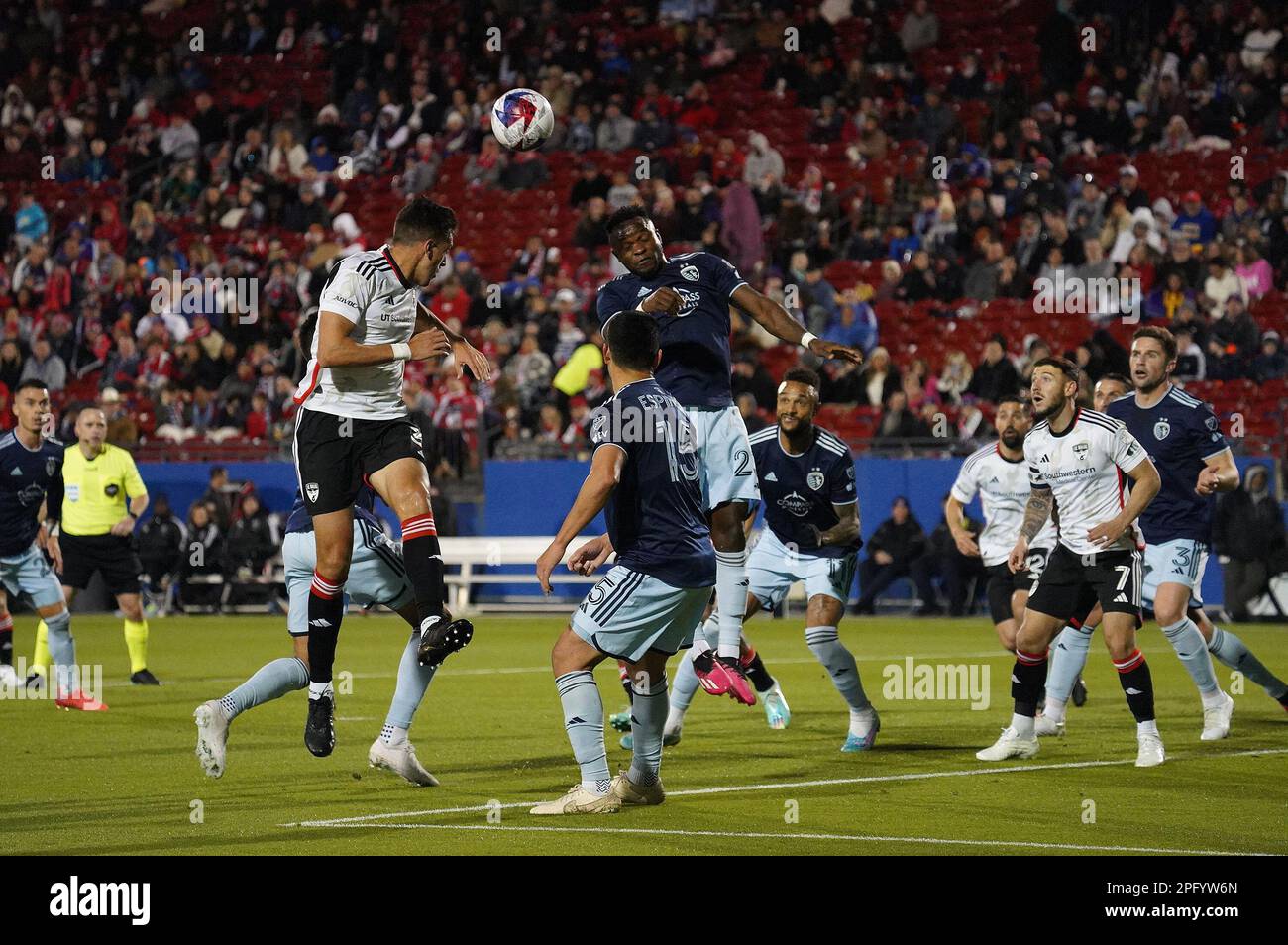 Frisco, United States. 18th Mar, 2023. March 18, 2023, Frisco, United States: Sporting KC forward Willy Agada heads the ball during first half action of the MLS game between FC Dallas and Sporting KC at Toyota Stadium on March 18, 2023 in Frisco, Texas. (Photo by Javier Vicencio/ Credit: Eyepix Group/Alamy Live News Stock Photo