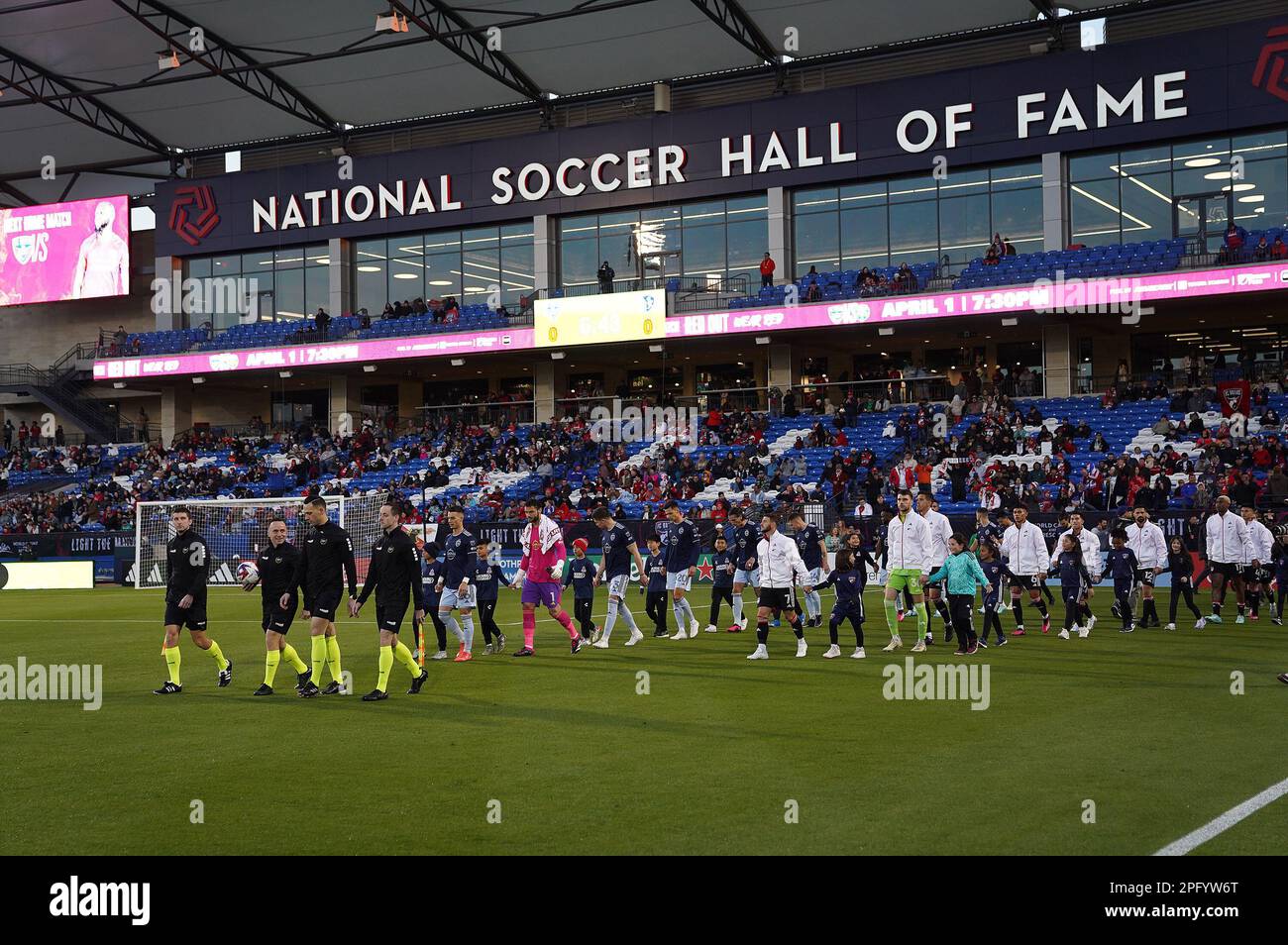 Frisco, United States. 18th Mar, 2023. March 18, 2023, Frisco, United States: The teams enter the stadium moments before the MLS game between FC Dallas and Sporting KC at Toyota Stadium on March 18, 2023 in Frisco, Texas. (Photo by Javier Vicencio/ Credit: Eyepix Group/Alamy Live News Stock Photo