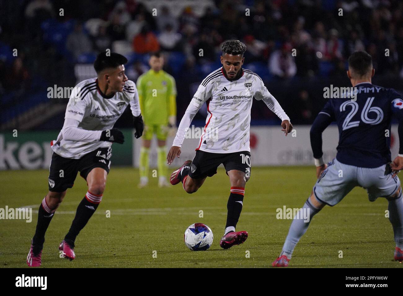 Frisco, United States. 18th Mar, 2023. March 18, 2023, Frisco, United States: FC Dallas forward Jesus Ferreira brings the ball up the field during first half action of the MLS game between FC Dallas and Sporting KC at Toyota Stadium on March 18, 2023 in Frisco, Texas. (Photo by Javier Vicencio/ Credit: Eyepix Group/Alamy Live News Stock Photo