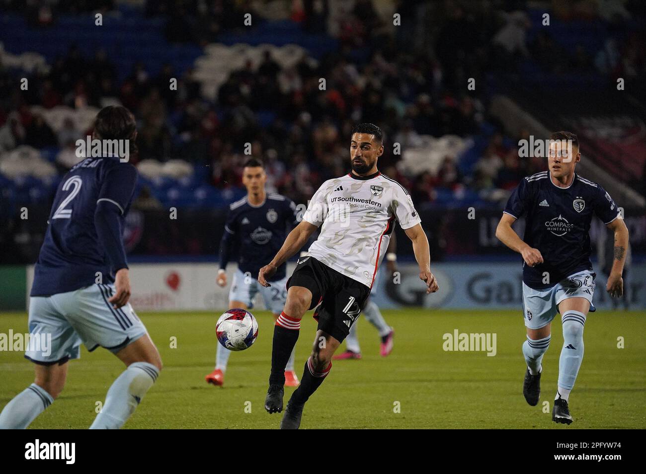 Frisco, United States. 18th Mar, 2023. March 18, 2023, Frisco, United States: FC Dallas midfielder Sebastian Lletget tries to control the ball during first half action of the MLS game between FC Dallas and Sporting KC at Toyota Stadium on March 18, 2023 in Frisco, Texas. (Photo by Javier Vicencio/ Credit: Eyepix Group/Alamy Live News Stock Photo