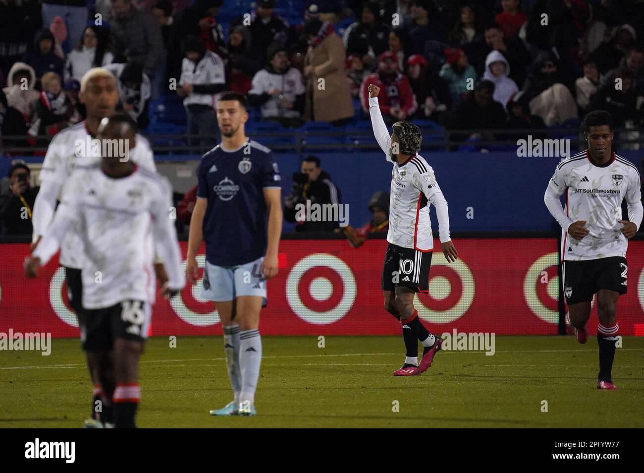 Frisco, United States. 18th Mar, 2023. March 18, 2023, Frisco, United States: FC Dallas forward Jesus Ferreira celebrates his goal late in the game during action of the MLS game between FC Dallas and Sporting KC at Toyota Stadium on March 18, 2023 in Frisco, Texas. (Photo by Javier Vicencio/ Credit: Eyepix Group/Alamy Live News Stock Photo