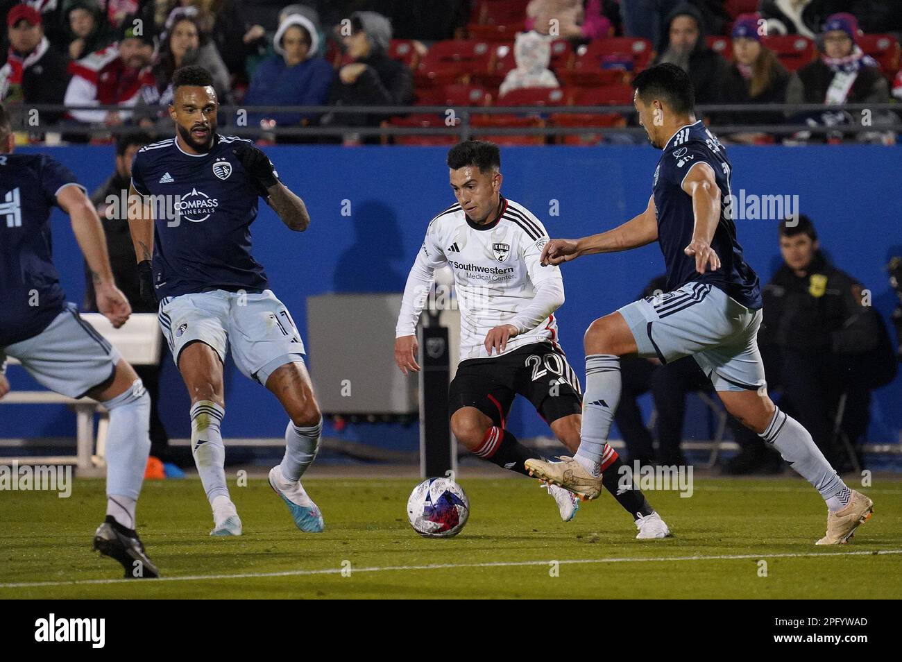 Frisco, United States. 18th Mar, 2023. March 18, 2023, Frisco, United States: FC Dallas forward Alan Velasco brings the ball up the field during first half action of the MLS game between FC Dallas and Sporting KC at Toyota Stadium on March 18, 2023 in Frisco, Texas. (Photo by Javier Vicencio/ Credit: Eyepix Group/Alamy Live News Stock Photo