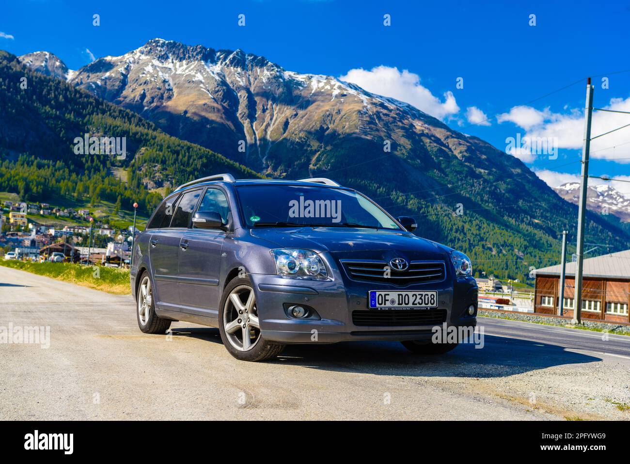 SWITZERLAND, DAVOS - MAI 2017: Toyota Avensis T25 in Alps mountains, Samedan,  Maloja, Graubuenden Switzerland Stock Photo - Alamy