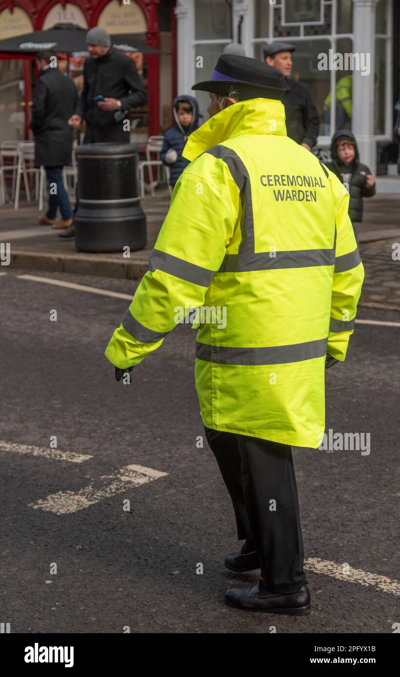Windsor, Berkshire, England, UK. 2023. A ceremonial warden on duty during guard changing in Windsor, UK. Stock Photo
