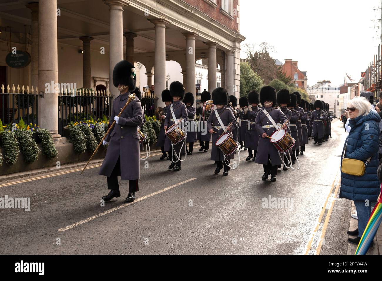 Windsor, Berkshire, England, UK. 2023. Corps of Drums, 1st Battalion Welsh Guards  marching past the Guidhall in Windsor, UK. Stock Photo