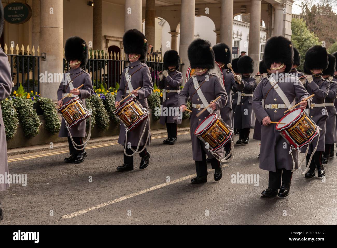 Windsor, Berkshire, England, UK. 2023. Corps of Drums, 1st Battalion Welsh Guards  marching past the Guidhall in Windsor, UK. Stock Photo