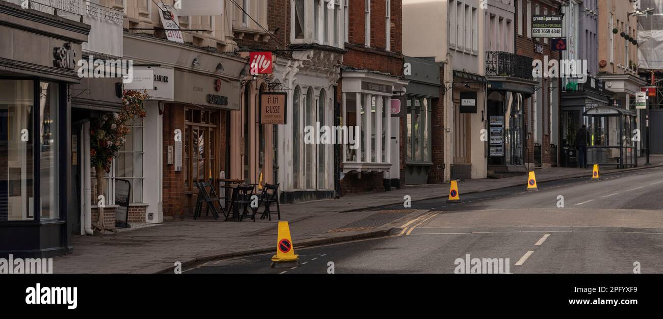 Windsor, England, UK. 2023. Empty street with no parking cones seen before a military parade takes place. Stock Photo
