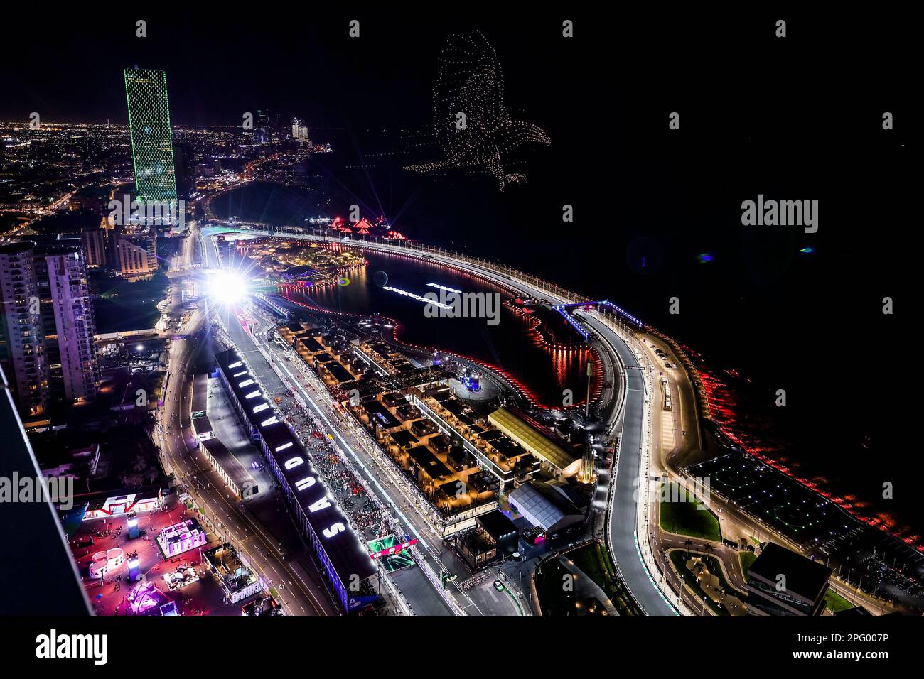 Jeddah, Saudi Arabia. 19th Mar, 2025. Drone show in the night sky above