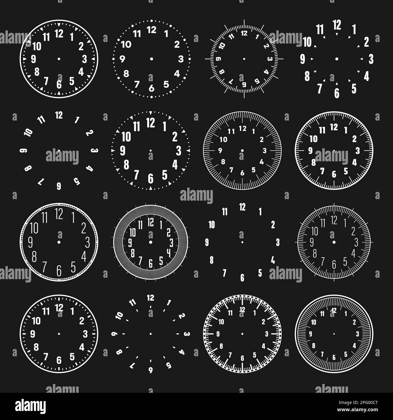 Mechanical clock faces with arabic numerals, bezel. White watch dial