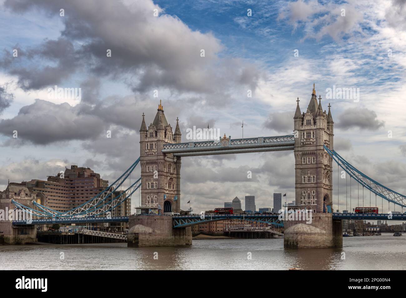 The iconic Tower Bridge, recognised throughout the world, is a Grade I Listed building and crosses the River Thames near the Tower of London and City Stock Photo