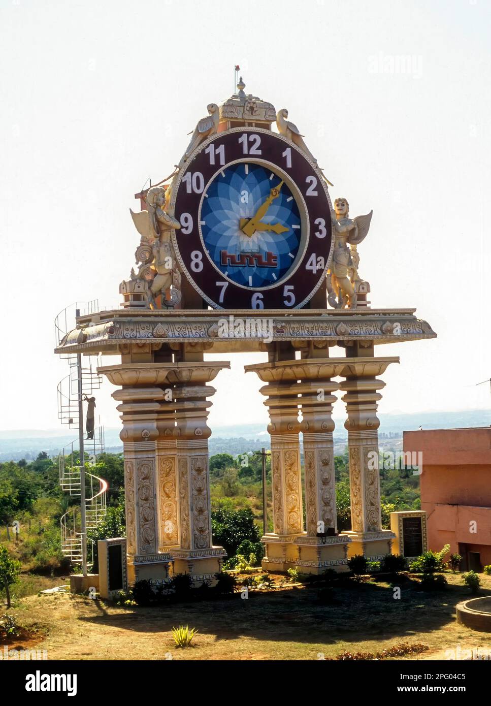 A clock tower on Omkar Hills in Rajarajeshwari Nagar near Bengaluru Bangalore, Karnataka, South India, India, Asia Stock Photo