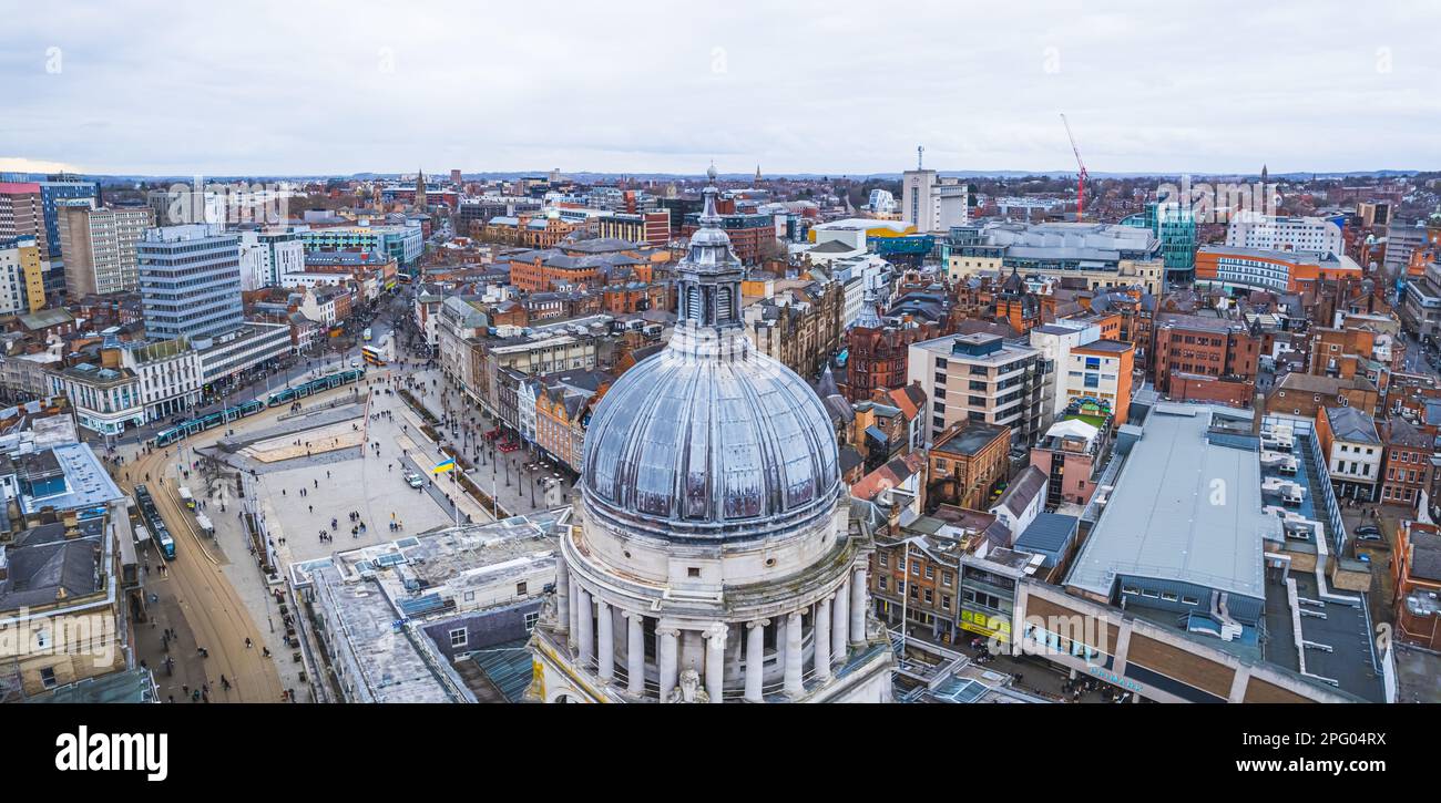 aerial panorama of Nottingham center, Old Market Square, winter's ...