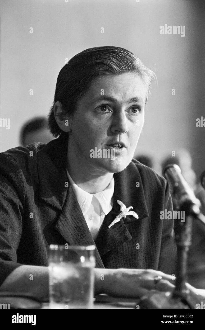 Dr. Frances Oldham Kelsey, a pharmacologist with the Food & Drug Administration, addressing a U.S. Senate subcommittee on August 1, 1962, regarding the drug Thalidomide (brand name Kevadon) which was found to cause severe birth defects. Stock Photo