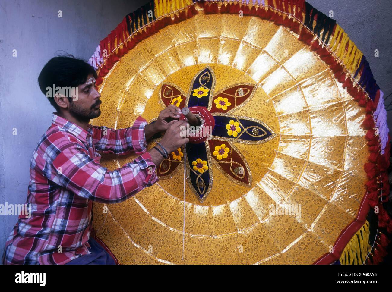 Making temple umbrella at Chintadripet in Chennai, Tamil Nadu India